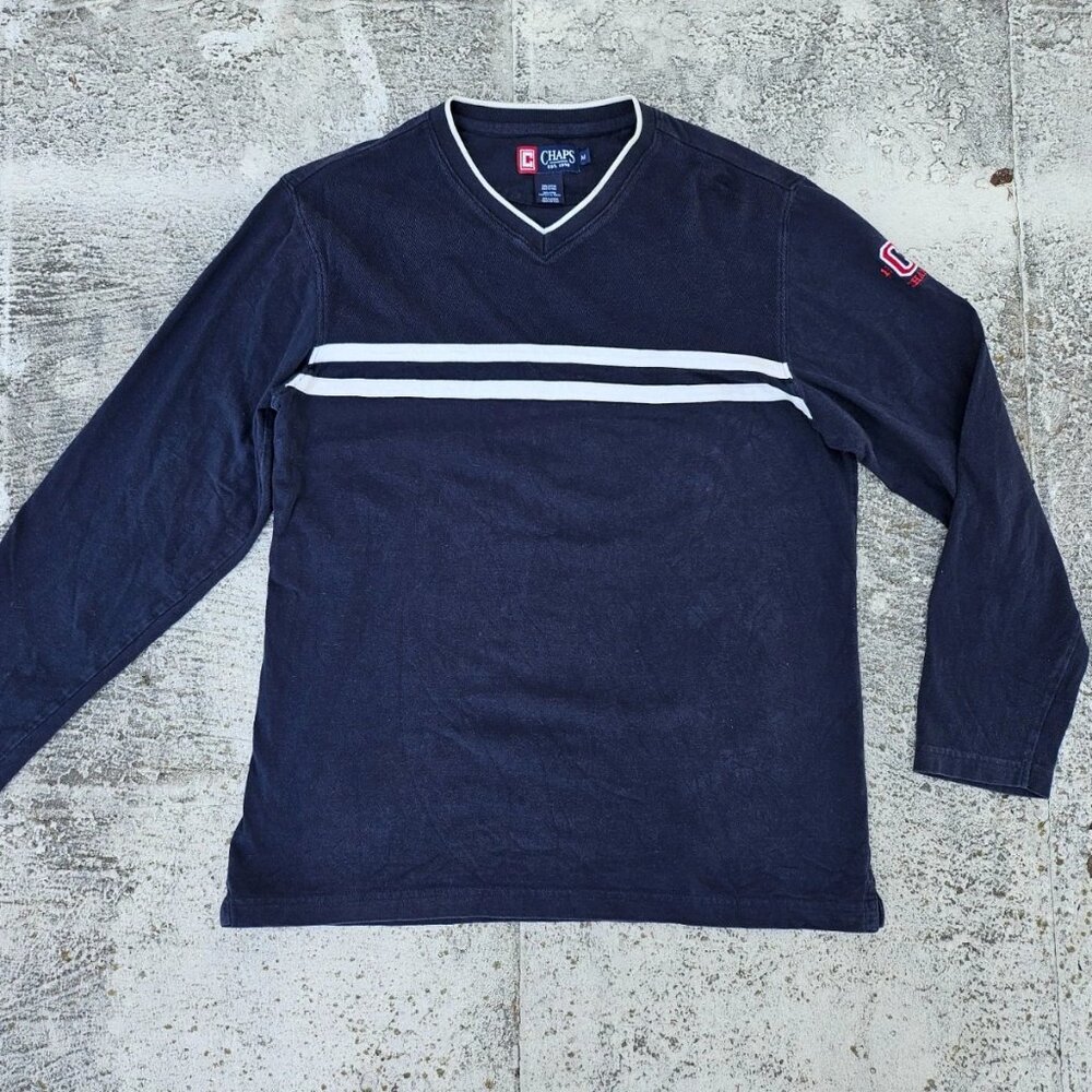Chaps Men Sweat Shirt Long Sleeve V Neck T Shirt Navy Blue Cotton Top Size M